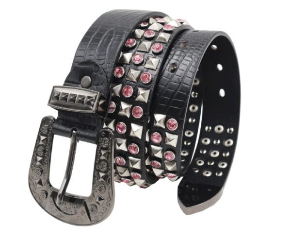 Y2K Gothic Punk Skull Studded Belt – Vintage Western Rhinestone Buckle Leather Belt with Cross & Fleur-de-Lis Metal Accents