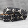 Y2K Gothic Punk Skull Studded Belt – Vintage Western Rhinestone Buckle Leather Belt with Cross & Fleur-de-Lis Metal Accents