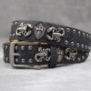 Y2K Gothic Punk Skull Studded Belt – Vintage Western Rhinestone Buckle Leather Belt with Cross & Fleur-de-Lis Metal Accents