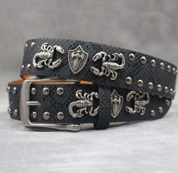 Y2K Gothic Punk Skull Studded Belt – Vintage Western Rhinestone Buckle Leather Belt with Cross & Fleur-de-Lis Metal Accents