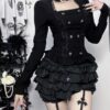 Wannathis Gothic Dark Aesthetic 2-Piece Set - Elegant Double-Breasted Long Sleeve Top & Tiered Ruffle Bloomer Shorts with Hanging Cross Garter Straps