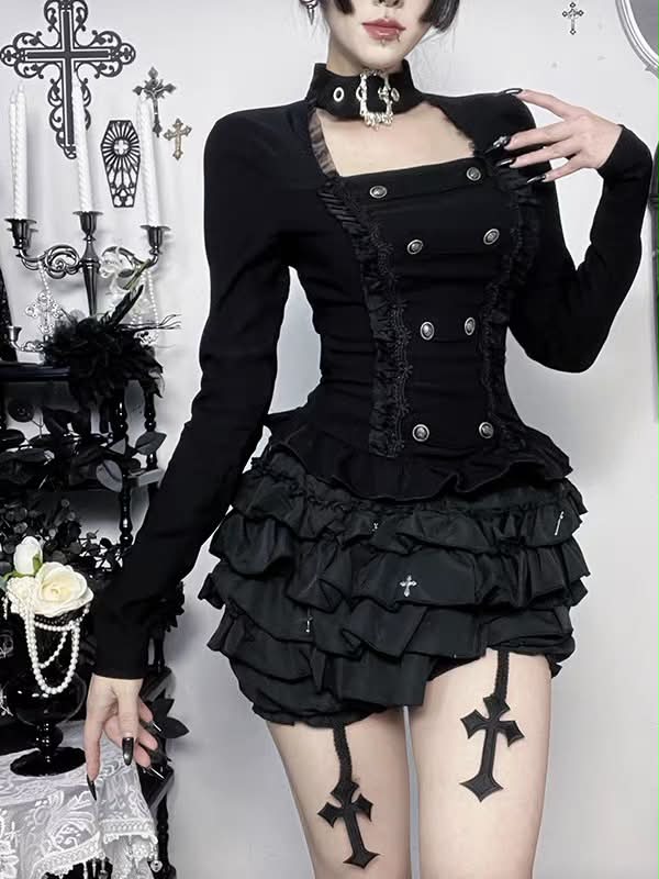 Wannathis Gothic Dark Aesthetic 2-Piece Set - Elegant Double-Breasted Long Sleeve Top & Tiered Ruffle Bloomer Shorts with Hanging Cross Garter Straps