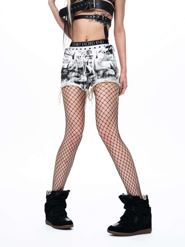 STARTEXCEEDEND Gothic Angel Wings Denim Shorts – Distressed Acid Wash Fringed Hot Pants for Women Streetwear