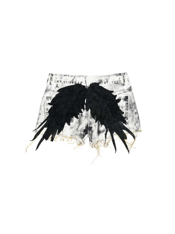 STARTEXCEEDEND Gothic Angel Wings Denim Shorts – Distressed Acid Wash Fringed Hot Pants for Women Streetwear