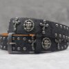 Y2K Gothic Punk Skull Studded Belt – Vintage Western Rhinestone Buckle Leather Belt with Cross & Fleur-de-Lis Metal Accents