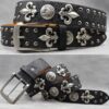 Y2K Gothic Punk Skull Studded Belt – Vintage Western Rhinestone Buckle Leather Belt with Cross & Fleur-de-Lis Metal Accents