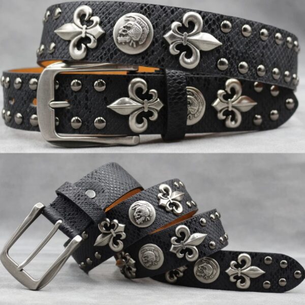 Y2K Gothic Punk Skull Studded Belt – Vintage Western Rhinestone Buckle Leather Belt with Cross & Fleur-de-Lis Metal Accents