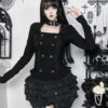 Wannathis Gothic Dark Aesthetic 2-Piece Set - Elegant Double-Breasted Long Sleeve Top & Tiered Ruffle Bloomer Shorts with Hanging Cross Garter Straps