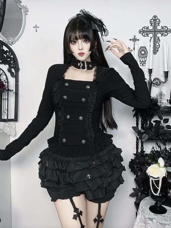 Wannathis Gothic Dark Aesthetic 2-Piece Set - Elegant Double-Breasted Long Sleeve Top & Tiered Ruffle Bloomer Shorts with Hanging Cross Garter Straps