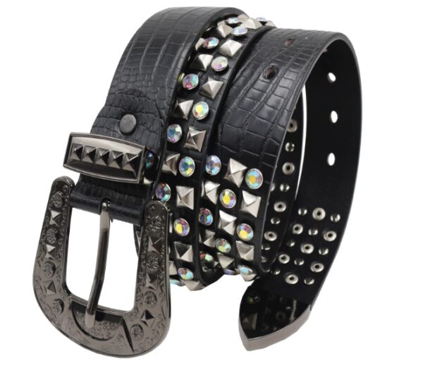Y2K Gothic Punk Skull Studded Belt – Vintage Western Rhinestone Buckle Leather Belt with Cross & Fleur-de-Lis Metal Accents