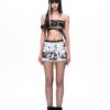 STARTEXCEEDEND Gothic Angel Wings Denim Shorts – Distressed Acid Wash Fringed Hot Pants for Women Streetwear