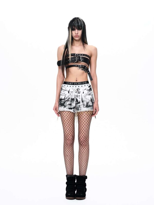 STARTEXCEEDEND Gothic Angel Wings Denim Shorts – Distressed Acid Wash Fringed Hot Pants for Women Streetwear
