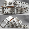 Y2K Gothic Punk Skull Studded Belt – Vintage Western Rhinestone Buckle Leather Belt with Cross & Fleur-de-Lis Metal Accents