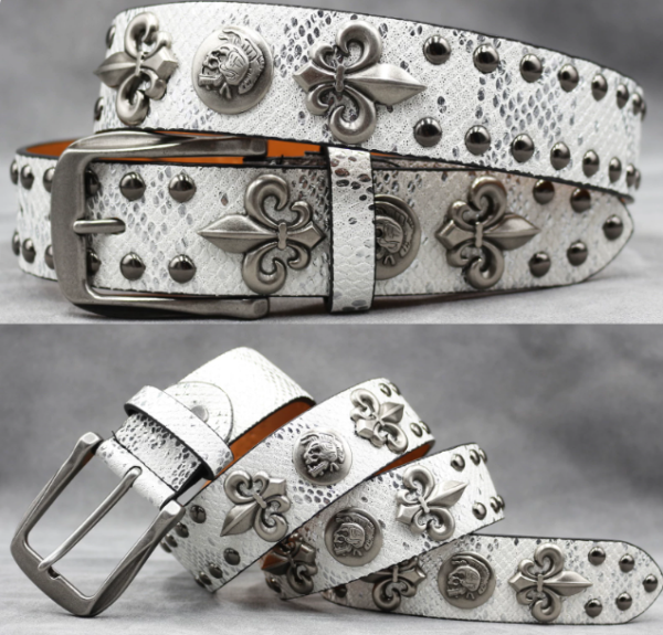 Y2K Gothic Punk Skull Studded Belt – Vintage Western Rhinestone Buckle Leather Belt with Cross & Fleur-de-Lis Metal Accents