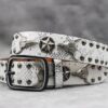 Y2K Gothic Punk Skull Studded Belt – Vintage Western Rhinestone Buckle Leather Belt with Cross & Fleur-de-Lis Metal Accents