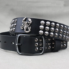 Y2K Gothic Punk Skull Studded Belt – Vintage Western Rhinestone Buckle Leather Belt with Cross & Fleur-de-Lis Metal Accents