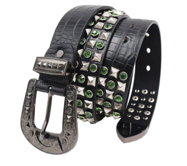 Y2K Gothic Punk Skull Studded Belt – Vintage Western Rhinestone Buckle Leather Belt with Cross & Fleur-de-Lis Metal Accents