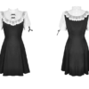 Gothic Lolita Black Contrast Lace Mini Dress – Vintage High Neck Puff Sleeve A-Line Maid Doll Dress
