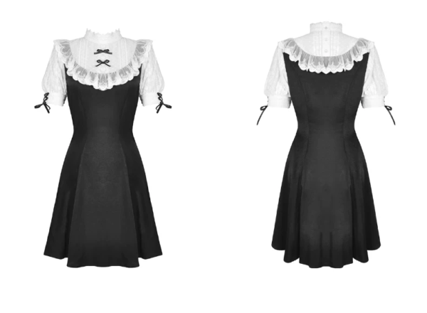 Gothic Lolita Black Contrast Lace Mini Dress – Vintage High Neck Puff Sleeve A-Line Maid Doll Dress