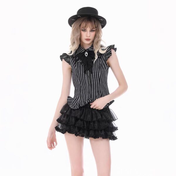 Dark in Love Gothic Striped Sleeveless Blouse – Vintage Ruffled Lapel Bowknot Corset Top for Women (IW152)
