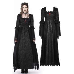 Gothic Court Embroidered Lace Maxi Dress – Vintage Dark Romantic Lace-Up Bell Sleeve Floor-Length Gown