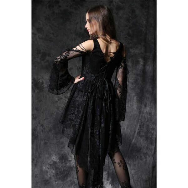 Women's Dark Gothic Cold Shoulder Lace Dress – Off-Shoulder Lace-Up High-Low Maxi Gown