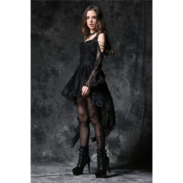 Women's Dark Gothic Cold Shoulder Lace Dress – Off-Shoulder Lace-Up High-Low Maxi Gown