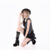Dark in Love Gothic Striped Sleeveless Blouse – Vintage Ruffled Lapel Bowknot Corset Top for Women (IW152)