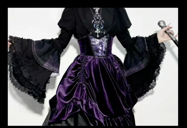 O1CN0106bIAp1WN0BS8YqNF_!!2210441602775 Gothic Cathedral Stained Glass Hanfu Fusion Pleated Horse-Face Skirt Set – Vintage Dark Velvet Corset Overskirt Outerwear Ensemble