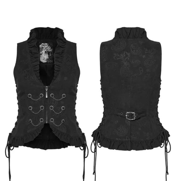 PUNK RAVE Gothic Ruffle Edge Laced Vest (WY-1924MJF) – Black Jacquard Corset Waistcoat for Women