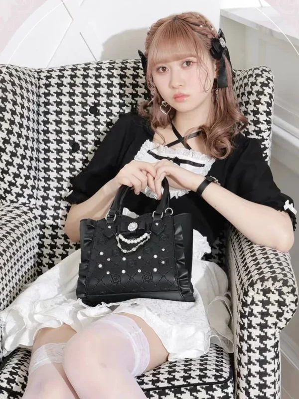 NOEMIE Kawaii Bow Rhinestone Tote Bag – Japanese Lolita Quilted Ruffle 2-Way Crossbody Handbag