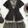 Vintage Mori Girl 3-Piece Outfit Set – Short Sleeve Knit Cardigan, Lace Trim Tank Top & Tiered Mini Skirt