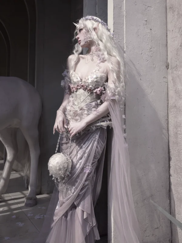 Moonlight Spirit Silver-Foil Ruched Mermaid Skirt – Ethereal Fairycore Layered Mesh Maxi Skirt