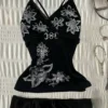 Y2K Vintage Floral Graphic Cami Top – Gothic V-Neck Spaghetti Strap Slim Fit Corset-Style Tank Top