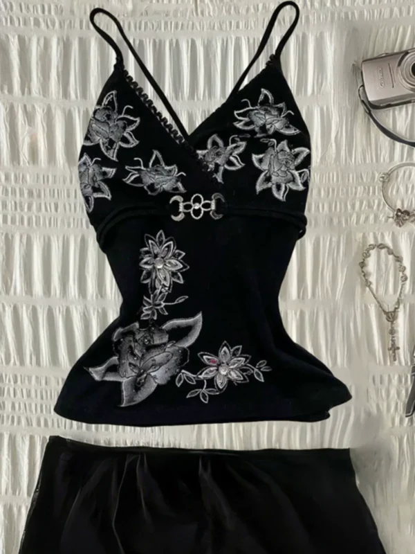 Y2K Vintage Floral Graphic Cami Top – Gothic V-Neck Spaghetti Strap Slim Fit Corset-Style Tank Top