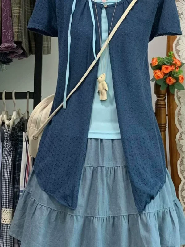 Japanese Vintage Summer 3-Piece Outfit Set – Eyelet Lace Short Sleeve Cardigan, Light Blue Halter Cami Top & Tiered Mini Skirt