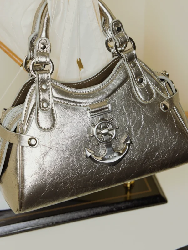 VFVF Metallic Silver Nautical Boston Bag – Y2K Anchor Bowling Handbag & Crossbody Purse