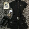 Gothic Zip-Up Black Mini Dress – Dark Academic Buckle Strap Short-Sleeve Corset Dress