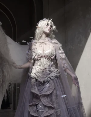 Blood Supply Moonlight Beast Spirit Floral Lace Elven Maxi Skirt - Detachable Cage Support Lavender Tulle Evening Train Skirt