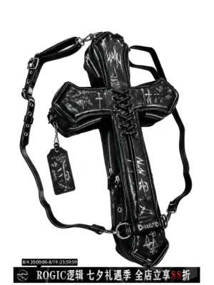 Gothic Cross Convertible Backpack & Crossbody Bag – Distressed Punk Leather Cross Shoulder Bag with Graffiti Prints & Lace-Up Detailing