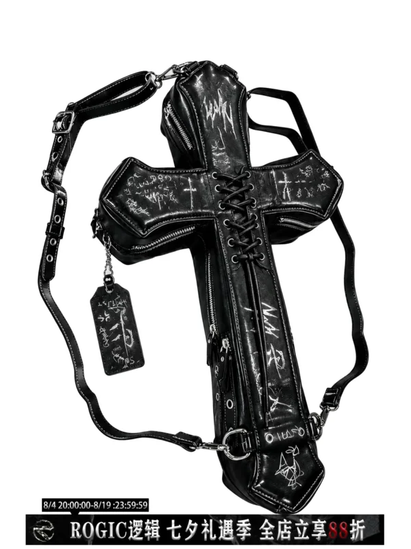 Gothic Cross Convertible Backpack & Crossbody Bag – Distressed Punk Leather Cross Shoulder Bag with Graffiti Prints & Lace-Up Detailing