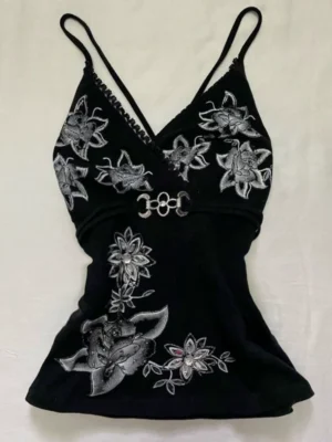 Y2K Vintage Floral Graphic Cami Top – Gothic V-Neck Spaghetti Strap Slim Fit Corset-Style Tank Top