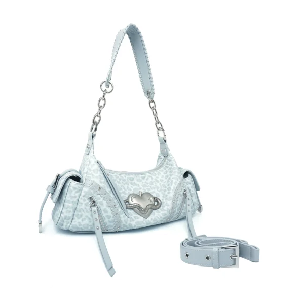VFVF Vintage Biker Leather Shoulder Bag – Y2K Metallic Heart Studded Baguette Hobo Bag