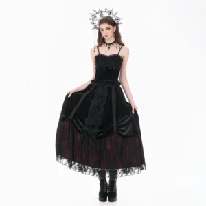 DARK IN LOVE KW457 Gothic Black Velvet Lace Patchwork Maxi Skirt – Vintage Layered Dark Red Lined Ruched Swing Skirt