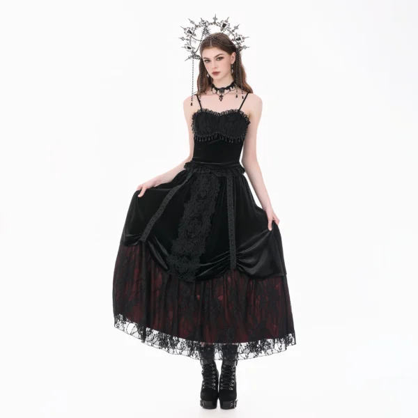 DARK IN LOVE KW457 Gothic Black Velvet Lace Patchwork Maxi Skirt – Vintage Layered Dark Red Lined Ruched Swing Skirt
