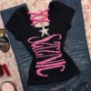 Y2K Cyber Graffiti Print Fitted T-Shirt – Pink Criss-Cross Strappy Neck Short Sleeve Slim Fit Crop Top