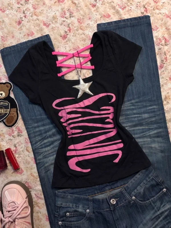 Y2K Cyber Graffiti Print Fitted T-Shirt – Pink Criss-Cross Strappy Neck Short Sleeve Slim Fit Crop Top