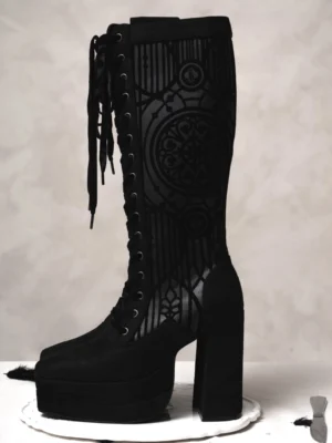 Lacy Bones Gothic Cathedral Pattern Knee-High Boots – Dark Subculture Platform High Heel Lace-Up Boots