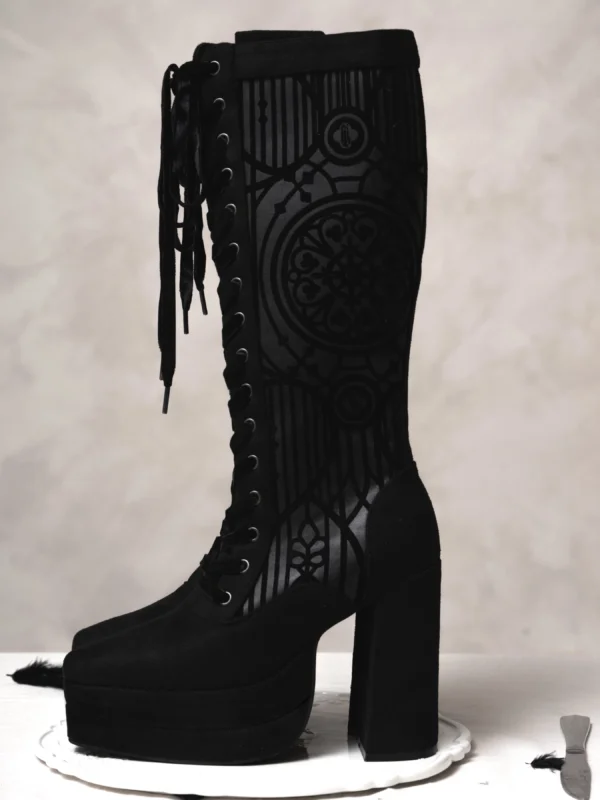 Lacy Bones Gothic Cathedral Pattern Knee-High Boots – Dark Subculture Platform High Heel Lace-Up Boots