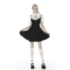 Gothic Lolita Black Contrast Lace Mini Dress – Vintage High Neck Puff Sleeve A-Line Maid Doll Dress